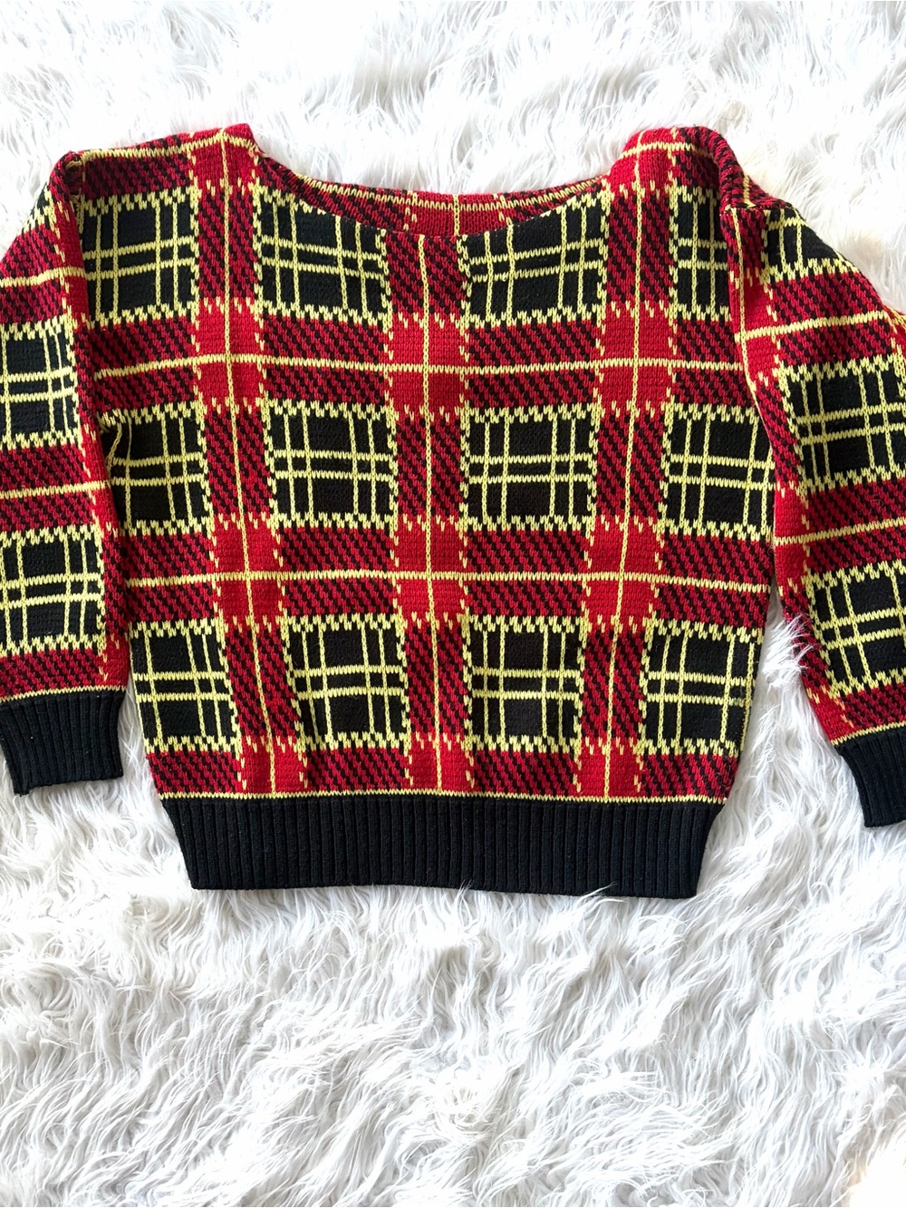 Vintage California Poppy Tartan Plaid Knit Sweater Slouchy Boatneck Small